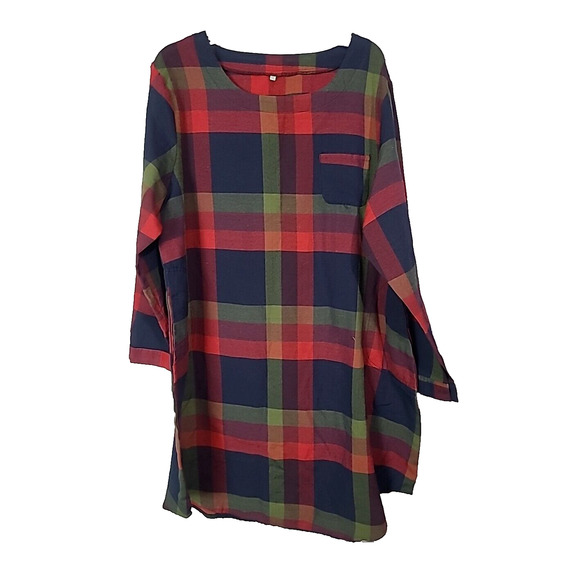 SHEIN Dresses & Skirts - SHEIN Red Navy Blue Plaid Pocket Roll Tab Sleeve Shift Dress Womans Size 3XL